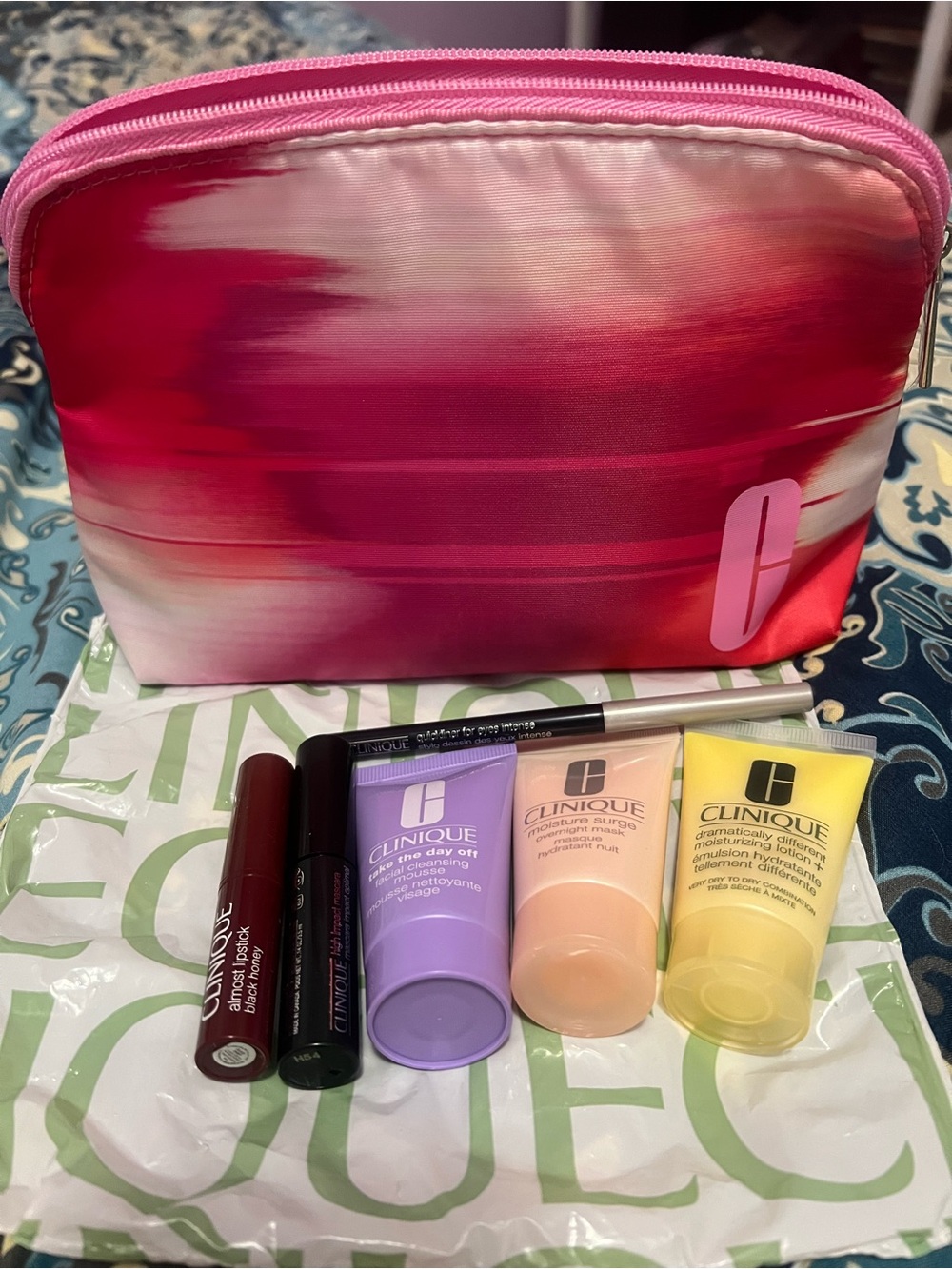 Clinique Pink Ombre Cosmetic Bag with Colorful Travel Skincare Set